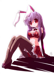 Rule 34 | 1girl, animal ears, arm support, bare shoulders, black bow, black bowtie, black footwear, black pantyhose, bow, bowtie, crop top, detached collar, eyebrows, female focus, full body, gloves, high heels, lace, long hair, miniskirt, miuku (marine sapphire), panties, pantyhose, purple hair, rabbit ears, rabbit girl, rabbit tail, red panties, red skirt, reisen udongein inaba, shadow, shoes, signature, simple background, sitting, skirt, smile, solo, strapless, tail, touhou, underwear, white background