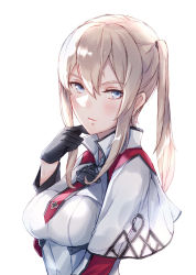 Rule 34 | 10s, 1girl, bad id, bad pixiv id, black gloves, blonde hair, blue eyes, blush, breasts, capelet, gloves, graf zeppelin (kancolle), hair between eyes, kachiino, kantai collection, large breasts, long hair, necktie, sidelocks, simple background, solo, tsurime, twintails, uniform, upper body, white background