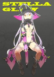 Rule 34 | 1girl, absurdres, armor, bad id, bad twitter id, boots, breasts, brooch, capelet, center opening, copyright name, dotted background, earrings, elbow gloves, fingerless gloves, full body, gloves, gluteal fold, hat, highres, hilda (stella glow), jewelry, long hair, looking at viewer, navel, oishii ishiwata, silver hair, sitting, small breasts, smile, solo, stella glow, thighhighs, v-shaped eyebrows, very long hair, witch hat, yellow eyes