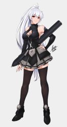 Rule 34 | 1girl, absurdres, airisubaka, ankle boots, bare shoulders, black dress, black footwear, black thighhighs, boots, breasts, character request, cleavage, cleavage cutout, clothing cutout, commentary, copyright request, detached sleeves, dress, english commentary, full body, hair between eyes, high heel boots, high heels, highres, large breasts, long hair, oversized object, ponytail, shoes, simple background, smile, thighhighs, white hair