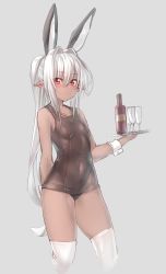 Rule 34 | 1girl, alcohol, animal ears, blush, breasts, chuuko (deluxe&lt;&lt;&lt;), dark-skinned female, dark elf, dark skin, deluxe&lt;&lt;&lt;, elf, highres, leotard, long hair, looking at viewer, one-piece swimsuit, original, playboy bunny, playboy bunny swimsuit, pointy ears, ponytail, rabbit ears, red eyes, small breasts, solo, swimsuit, white hair, wine, wrist cuffs