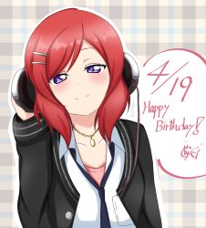 Rule 34 | 1girl, artist name, artist request, black jacket, blue necktie, blush, breasts, buttons, collarbone, collared shirt, dress shirt, female focus, hair between eyes, hair ornament, hairclip, headphones, headset, heart, highres, in taiyaki, jacket, jewelry, long sleeves, looking at viewer, love live!, love live! school idol festival, love live! school idol project, medium breasts, necklace, necktie, nishikino maki, open clothes, open jacket, parted bangs, pendant, purple eyes, red hair, shirt, short hair, sleeves past wrists, solo, thighhighs, unbuttoned, white shirt, zettai ryouiki