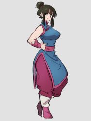 Rule 34 | 1girl, baggy pants, bare arms, bare shoulders, black hair, blue dress, blunt bangs, breasts, chi-chi (dragon ball), china dress, chinese clothes, closed mouth, contrapposto, dragon ball, dragon ball (classic), dragonball z, dress, framed breasts, full body, grey background, hair bun, hand on own hip, head tilt, high collar, kemachiku, looking at viewer, medium breasts, pants, pink footwear, pink pants, shiny skin, side slit, sidelocks, simple background, single hair bun, smile, solo, standing, standing on one leg, wristband