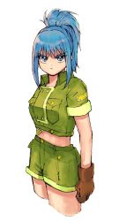 Rule 34 | 1girl, bamboobamboo68, blue eyes, blue hair, brown gloves, gloves, green jacket, highres, jacket, leona heidern, looking at viewer, military, military uniform, ponytail, short sleeves, shorts, simple background, solo, the king of fighters, the king of fighters xv, uniform