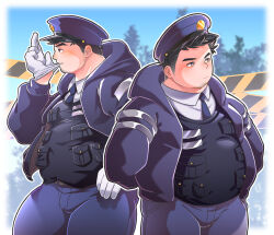 Rule 34 | 2boys, absurdres, bara, belly, cowboy shot, facial hair, fat, fat man, from side, glove in mouth, gloves, goatee stubble, highres, looking ahead, male focus, medium sideburns, mouth hold, multiple boys, original, osu (osumankokuou), police, police uniform, policeman, profile, side-by-side, sideburns stubble, standing, stubble, thick eyebrows, uniform
