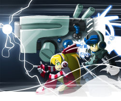 Rule 34 | 1boy, 1girl, arm cannon, beck (mighty no. 9), blonde hair, boots, call (mighty no. 9), call f, digital dissolve, finger gun, flat chest, green eyes, grin, hair ribbon, headphones, helmet, huge weapon, imbisibol, knee boots, long hair, mighty no. 9, on one knee, ponytail, powering up, ribbon, skirt, smile, striped, striped sleeves, very long hair, weapon