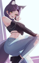 Rule 34 | 1girl, animal ears, bare shoulders, black footwear, black shirt, blue pants, breasts, can zhu, cleavage, crop top, denim, detached sleeves, ear piercing, extra ears, fox ears, fox girl, fox tail, green eyes, highres, knee up, large breasts, long hair, long sleeves, looking at viewer, meridian project, midriff, navel, pants, parted bangs, piercing, purple hair, seki (vtuber), shirt, shoes, solo, spaghetti strap, standing, standing on one leg, stomach, tail, torn clothes, torn pants, virtual youtuber, white background