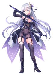 Rule 34 | 1girl, bare shoulders, black footwear, black gloves, black leotard, black thighhighs, boots, braid, breasts, cleavage, commission, covered navel, dual wielding, garter straps, gloves, grey hair, hair ornament, hand up, high heel boots, high heels, highres, holding, holding sword, holding weapon, leotard, long hair, looking at viewer, medium breasts, original, parted lips, pixiv commission, purple eyes, sacraneco, simple background, solo, sword, thighhighs, thighhighs under boots, very long hair, weapon, white background