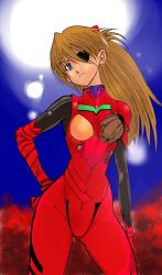 Rule 34 | 1girl, :&lt;, artist request, blue background, blue eyes, bodysuit, breasts, brown hair, covered navel, evangelion: 3.0 you can (not) redo, eyepatch, hairpods, hand on own hip, highres, interface headset, long hair, narrow waist, neon genesis evangelion, pilot suit, plugsuit, rebuild of evangelion, red bodysuit, shiny clothes, sketch, small breasts, solo, souryuu asuka langley, tsundere, twintails, yunarisa haruka