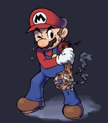 Rule 34 | 1boy, blue overalls, boots, brown footwear, burnt arm, facial hair, gloves, hat, highres, male focus, mario, mario &amp; luigi rpg, mario &amp; luigi rpg (style), mario (series), mustache, nintendo, overalls, red hat, red shirt, shirt, simple background, single glove, solo, white gloves, ya mari 6363