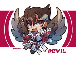 Rule 34 | 1boy, :3, bandages, brown footwear, brown hair, brown wings, chain, character name, chibi, claws, devil jin, facial mark, fang, forehead jewel, glint, gloves, grey horns, horns, kazama jin, kotorai, male focus, open mouth, red gloves, short hair, signature, solo, studded gloves, tekken, wings, yellow eyes