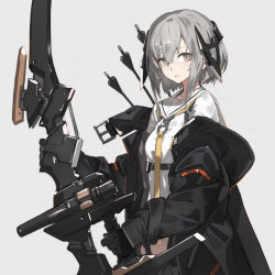 Rule 34 | 1girl, arrow (projectile), black gloves, bow (weapon), breasts, gloves, grey background, grey eyes, grey hair, hair between eyes, headgear, heavily armed high school girls, highres, holding, holding weapon, jacket, looking at viewer, necktie, neco, open clothes, open jacket, original, pleated skirt, roku (heavily armed high school girls), sailor collar, short hair with long locks, simple background, skirt, small breasts, solo, upper body, weapon