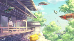 Rule 34 | 1girl, absurdres, animal request, architecture, arowana, blouse, blue sky, brown hair, brown pants, building, cloud, commentary request, east asian architecture, fish, floating, gar (fish), glasses, hand up, highres, long hair, long sleeves, original, outdoors, pants, ponytail, raito (latek), scenery, shirt, sky, solo, surreal, tree, white shirt, window
