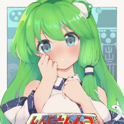 Rule 34 | 1girl, :o, bare shoulders, blue background, blue eyes, border, breasts, collared shirt, commentary request, detached sleeves, frog hair ornament, green hair, hair ornament, highres, kochiya sanae, large breasts, long hair, long sleeves, nazawa (nother), shirt, single hair tube, single sidelock, snake hair ornament, solo, touhou, translation request, very long hair, white border, white shirt, white sleeves, wide sleeves