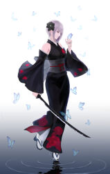 Rule 34 | 1girl, akito1218, bare shoulders, black flower, black kimono, black sleeves, blue butterfly, bug, butterfly, closed mouth, death (entity), floral print kimono, flower, full body, grim reaper, hair flower, hair ornament, highres, holding, holding sword, holding weapon, insect, japanese clothes, katana, kimono, obi, original, purple eyes, purple hair, sandals, sash, shinigami, short hair, socks, solo, standing, standing on one leg, sword, tabi, water, weapon, white background, white socks, wide sleeves, zouri