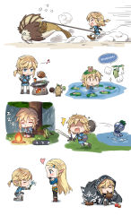 Rule 34 | &gt; &lt;, 1boy, 1girl, :3, apple, bad id, bad pixiv id, blonde hair, blue eyes, blush, boned meat, brown footwear, campfire, character request, chibi, closed mouth, cnm, eating, english text, facing another, fire, fish, flower, food, frog, from side, fruit, heart, highres, holding, holding flower, holding mushroom, holding shield, holding sword, holding weapon, hylian shield, lily pad, link, long hair, looking at another, looking away, meat, mushroom, musical note, nintendo, open mouth, pepper, pointy ears, princess zelda, rain, shaded face, shield, short hair, short ponytail, silent princess, sitting, smile, speech bubble, standing, sword, the legend of zelda, the legend of zelda: breath of the wild, wariza, weapon, wet, wolf link, zzz