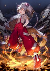 Rule 34 | 1girl, absurdly long hair, absurdres, bow, commentary, fire, fujiwara no mokou, full body, hair between eyes, hair bow, hand in pocket, highres, kitada mo, long hair, looking at viewer, night, night sky, ofuda, open mouth, outdoors, pants, ponytail, red eyes, red footwear, red pants, rock, shirt, shoes, short sleeves, silver hair, sky, smile, solo, standing, suspenders, touhou, very long hair, white bow, white shirt