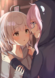 Rule 34 | 2girls, ahoge, bad id, bad twitter id, blue hoodie, blunt bangs, blurry, blurry background, blush, brown background, drawstring, eyes visible through hair, glasses, grey hair, grey hoodie, hands on another&#039;s arms, hands on another&#039;s shoulders, highres, hood, hood down, hood up, hoodie, jewelry, kazari jun, looking at another, magia record: mahou shoujo madoka magica gaiden, mahou shoujo madoka magica, miwa mitsune, multiple girls, open mouth, orange eyes, parted lips, pink eyes, pink hair, ring, short hair, star (symbol), suzugahama, swept bangs, upper body, wavy hair
