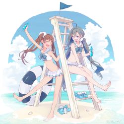 Rule 34 | 10s, 2girls, :d, ahoge, barefoot, bottle, brown hair, colis, closed eyes, feet, grey eyes, grey hair, holding, holding bottle, kantai collection, kiyoshimo (kancolle), ladder, libeccio (kancolle), long hair, multiple girls, open mouth, outstretched arm, pleated skirt, ramune, sailor bikini, sailor collar, sitting, skirt, sleeveless, smile, twintails, very long hair