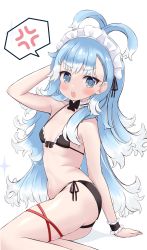 Rule 34 | 1girl, absurdres, alternate breast size, anger vein, ass, bikini, black bikini, blue eyes, blue hair, blush, cocozasa, flat chest, highres, hololive, hololive indonesia, kobo kanaeru, long hair, looking at viewer, maid headdress, midriff, multicolored hair, navel, open mouth, simple background, sitting, solo, spoken anger vein, string bikini, swimsuit, two-tone hair, virtual youtuber, white background, white hair