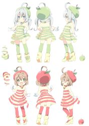 Rule 34 | ahoge, apple, apple peel, ass, bare shoulders, blush, breasts, brown hair, chibi, commentary request, food, fruit, gloves, green eyes, looking at viewer, multiple girls, multiple views, neneko-n, original, personification, red legwear, short hair, simple background, small breasts, thighhighs, white background, white gloves