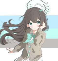 Rule 34 | 1girl, absurdres, airi (blue archive), aqua bow, aqua eyes, arm up, blue archive, blush, bow, brown hair, brown sweater, buttons, cardigan, chinese commentary, closed mouth, commentary request, double-parted bangs, drop shadow, hair bow, halo, highres, huajiao, long hair, long sleeves, looking at viewer, multicolored background, pleated skirt, shirt, sidelocks, skirt, smile, solo, split mouth, sweater, upper body, white shirt, white skirt