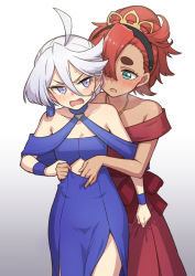 Rule 34 | 2girls, ahoge, bare shoulders, black hairband, blue dress, blush, clothes grab, collarbone, dress, green eyes, grey hair, gundam, gundam suisei no majo, hair between eyes, hair over one eye, hair up, hairband, hand under clothes, heebee, looking at another, miorine rembran, multiple girls, open mouth, purple eyes, red dress, red hair, suletta mercury, sweat, yuri