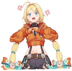 Rule 34 | 1girl, ahoge, anger vein, angry, bike shorts, black shorts, black survival, blonde hair, blue eyes, blush, cracking knuckles, fingerless gloves, flat chest, gloves, highres, hop3, jacket, looking at viewer, midriff, navel, nicky blake, open mouth, orange jacket, shorts, simple background, solo, tagme, teeth, twintails, upper teeth only, white background