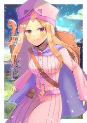 Rule 34 | &gt;:), 1girl, absurdres, blonde hair, blue sky, blurry, blurry background, blush, bow (weapon), breasts, brown eyes, cape, closed mouth, cloud, commentary request, commission, day, depth of field, dress, forehead, highres, kou hiyoyo, long hair, long sleeves, looking at viewer, medium breasts, original, parted bangs, pink dress, pink headwear, pixiv commission, purple cape, shield, sky, sleeves past wrists, smile, solo, v-shaped eyebrows, very long hair, weapon