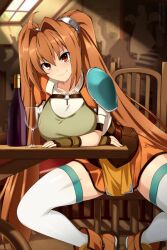 Rule 34 | 1girl, ahoge, armor, bottle, breasts, brown hair, chair, closed mouth, commentary, cup, eiyuu densetsu, english commentary, estelle bright, fingerless gloves, gloves, highres, indoors, large breasts, lindaroze, long hair, looking at viewer, orange footwear, orange skirt, red eyes, shirt, shoulder armor, sitting, skirt, smile, solo, sora no kiseki, table, thighhighs, twintails, very long hair, white thighhighs