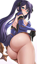 Rule 34 | 1girl, absurdres, adjusting clothes, adjusting leotard, ass, ass focus, back, bad id, bad pixiv id, black gloves, black hair, blue leotard, blush, breasts, cowboy shot, elbow gloves, from behind, genshin impact, gloves, gold trim, green eyes, hair ornament, hair ribbon, highres, huge ass, leotard, long hair, looking back, median furrow, medium breasts, mona (genshin impact), open mouth, parted bangs, ribbon, rvssian, shoulder blades, sidelocks, simple background, solo, star (symbol), star hair ornament, strapless, strapless leotard, thighlet, thighs, twintails, wedgie, white background
