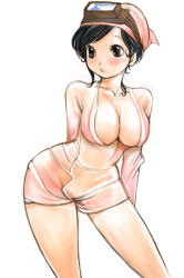 Rule 34 | arched back, black hair, blush, breasts, brown eyes, cleavage, goggles, kazaana, large breasts, legs apart, original, short hair, simple background, solo, standing, swept bangs, white background
