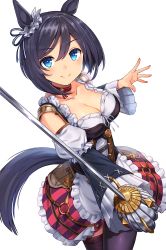 Rule 34 | 1girl, absurdres, animal ears, apron, black hair, black thighhighs, blue eyes, bodice, breasts, choker, cleavage, clothing cutout, collarbone, dirndl, eishin flash (umamusume), german clothes, hair ornament, hair scrunchie, highres, holding, holding sword, holding weapon, horse ears, horse girl, horse tail, long sleeves, looking at viewer, medium breasts, rapier, scrunchie, short hair, shoulder cutout, simple background, smile, solo, sword, tail, thighhighs, umamusume, waist apron, weapon, white background, yasa hattori