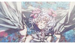 Rule 34 | 1girl, absurdres, bangle, bare arms, bare shoulders, bracelet, flower, hair flower, hair ornament, highres, holding, huge filesize, jewelry, kudou chitose, letterboxed, mochi (m0chi0000), nijisanji, one eye closed, pink flower, portrait, short hair, smile, solo, virtual youtuber, wavy hair, white hair, yellow eyes