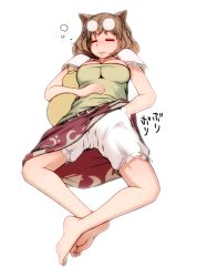 Rule 34 | 1girl, barefoot, bloomers, blush, breasts, brown hair, closed eyes, drunk, eyewear on head, feet, female focus, full-face blush, full body, futatsuiwa mamizou, glasses, gourd, hand under clothes, iromeki overdrive, large breasts, scratching, short hair, simple background, skirt, sleeping, smile, soles, solo, toenails, toes, touhou, translation request, underwear, white background