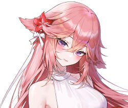 Rule 34 | 1girl, alternate costume, animal ears, bare shoulders, bow, breasts, closed mouth, collarbone, commentary, floating hair, flower, fox ears, genshin impact, hair between eyes, hair bow, hair flower, hair ornament, long hair, looking at viewer, medium breasts, meoyo, pink hair, purple eyes, red flower, sidelocks, simple background, smile, solo, upper body, white background, white bow, yae miko