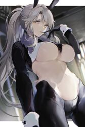 Rule 34 | 1girl, animal ears, artoria pendragon (fate), artoria pendragon (lancer alter) (fate), braid, breasts, dutch angle, fate/grand order, fate (series), from below, fur trim, gloves, gluteal fold, groin, highres, indoors, large breasts, looking at viewer, looking down, lowleg, meme attire, mouth hold, necktie, pale skin, ponytail, rabbit ears, reverse bunnysuit, reverse outfit, skin tight, solo, underboob, vivi (eve no hakoniwa), wrist cuffs, yellow eyes