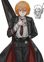 Rule 34 | 1girl, absurdres, arm behind back, badge, black coat, black pants, blonde hair, button badge, chibi, closed eyes, coat, collared shirt, commentary request, cowboy shot, don quixote (project moon), flat chest, fushimi arata, hair between eyes, hand on own chest, highres, lance, limbus company, long sleeves, looking at viewer, name tag, necktie, open clothes, open coat, open mouth, orange eyes, pants, polearm, project moon, red necktie, shirt, short hair, simple background, smile, twitter username, weapon, white background, white shirt