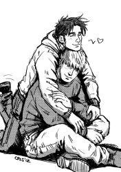 Rule 34 | 2boys, arm grab, bara, black hair, blonde hair, blush, chin rest, couple, cris art, crossed legs, full body, greyscale, happy, head on head, head rest, heart, hood, hoodie, hulkling, leaning on person, long sideburns, long sleeves, male focus, marvel, monochrome, motion lines, multiple boys, short hair, sideburns, sitting, smile, thick eyebrows, wiccan, yaoi