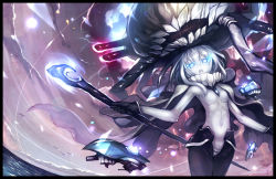 Rule 34 | 10s, 1girl, abyssal ship, bad id, bad pixiv id, blue eyes, bodysuit, cape, capriccio, glowing, glowing eyes, hibanar, highres, kantai collection, silver hair, staff, wo-class aircraft carrier