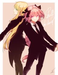 Rule 34 | 1boy, 1other, alternate costume, androgynous, astolfo (fate), black bow, black jacket, black pants, black ribbon, black suit, blonde hair, blouse, blue eyes, bow, braid, chevalier d&#039;eon (fate), commentary request, english text, fate/grand order, fate (series), formal, hair bow, hair intakes, hair ribbon, jacket, long braid, long hair, necktie, pants, pink eyes, pink hair, ribbon, saihate (d3), shirt, signature, single braid, smile, suit, very long hair, white shirt