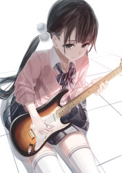 Rule 34 | 1girl, black eyes, black hair, bow, cowboy shot, electric guitar, eyelashes, guitar, instrument, long hair, music, original, playing instrument, plectrum, school uniform, simple background, sitting, skirt, solo, thighhighs, twintails, very long hair, white thighhighs, yasuno (airy light)