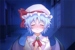 Rule 34 | 1girl, aa-rance, ascot, bad id, bad pixiv id, bat wings, blush, brooch, dress, closed eyes, hallway, hat, hat ribbon, highres, incoming kiss, jewelry, mob cap, moonlight, night, pink dress, pointy ears, remilia scarlet, ribbon, solo, touhou, upper body, waiting for kiss, wings