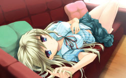 Rule 34 | 1girl, bad id, bad pixiv id, bare legs, barefoot, blonde hair, blue eyes, couch, dress shirt, hand on own chest, long hair, looking at viewer, lying, neck ribbon, on back, original, pillow, ribbon, ryoumoto ken, shirt, skirt, solo, striped clothes, striped shirt