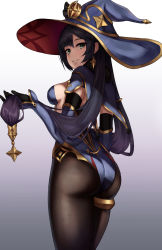 Rule 34 | 1girl, angdo (kakajo26), artist request, ass, black hair, black pantyhose, blue hat, breasts, cape, detached sleeves, elbow gloves, from behind, genshin impact, gloves, gold trim, gradient background, green eyes, hair ornament, hat, highres, holding, holding hair, leotard, long hair, looking at viewer, looking back, medium breasts, mona (genshin impact), pantyhose, parted lips, purple hair, shiny clothes, sideboob, smile, solo, thighlet, twintails, very long hair, white background