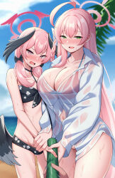Rule 34 | 1other, 2girls, :d, aiming, alternate costume, asymmetrical docking, beach, bikini, bikini top only, bikini under clothes, black bikini, blue archive, blush, bottomless, breast press, breasts, cleavage, commentary, day, embarrassed, exhibitionism, feathered wings, floral print, flower, front-tie bikini top, front-tie top, green eyes, groin, hair between eyes, half-closed eyes, halo, hanako (blue archive), hanako (swimsuit) (blue archive), head wings, highres, hip focus, holding, holding another&#039;s wrist, holding hose, hose, huge breasts, koharu (blue archive), koharu (swimsuit) (blue archive), long hair, looking at viewer, midriff, midriff peek, multiple girls, naughty face, navel, nekojima, no panties, ocean, open mouth, outdoors, partially unbuttoned, pink eyes, pink hair, pov, public indecency, see-through, see-through sleeves, shirt, small breasts, smile, swimsuit, twintails, very long hair, wet, wet clothes, wet shirt, white flower, wings
