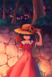 Rule 34 | 1girl, arm behind back, brown hair, closed eyes, collarbone, dress, flower, hat, original, parted lips, red dress, shatiko, short sleeves, solo, stone wall, straw hat, tree, wall