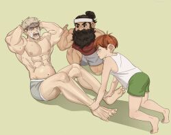 Rule 34 | 3boys, abs, bara, belly, blonde hair, boxers, chilchuck tims, crying, dungeon meshi, exercising, full body, grey male underwear, headband, highres, jitome, laios touden, male focus, male underwear, mango (aziiimango), multiple boys, nipples, pectorals, senshi (dungeon meshi), shaded face, short hair, streaming tears, sweat, tears, thick eyebrows, topless male, unamused, underwear