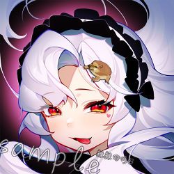 Rule 34 | 1girl, eyebrows hidden by hair, grey hair, hair ornament, hairclip, headdress, long hair, looking at viewer, lowres, open mouth, original, purple background, red eyes, simple background, smile, solo, tangdouji (machine), tongue, tongue out, upper body, vampire