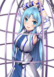 Rule 34 | armpits, asuna (sao-alo), belt, blue eyes, blue hair, blush, cage, cameltoe, commentary, cuffs, english commentary, highres, jacket, long hair, looking at viewer, open mouth, pointy ears, sheita, sidelocks, solo, sword art online, upper body, white jacket
